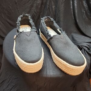 Toms Black Canvas Espadrille Platform Slip-Ons